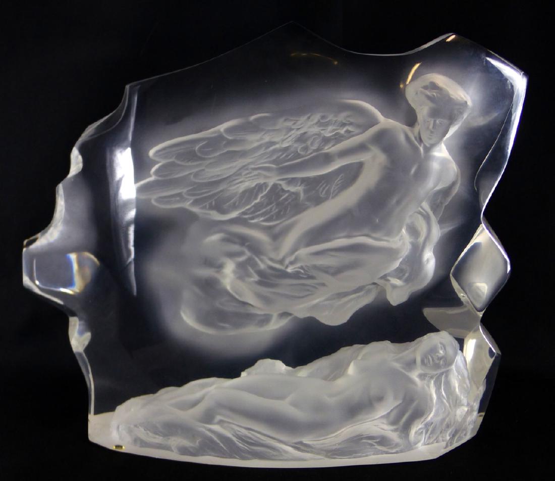 FREDERICK HART 'WINGED VISION' ACRYLIC SCULPTURE: Frederick Hart (American, 1943-1999) lucite sculpture titled 'Winged Vision'. Depicts a reclining nude beauty with angel above. Signed 'Hart' to lower front side. Dated 1993, numbered 179/350 and insc