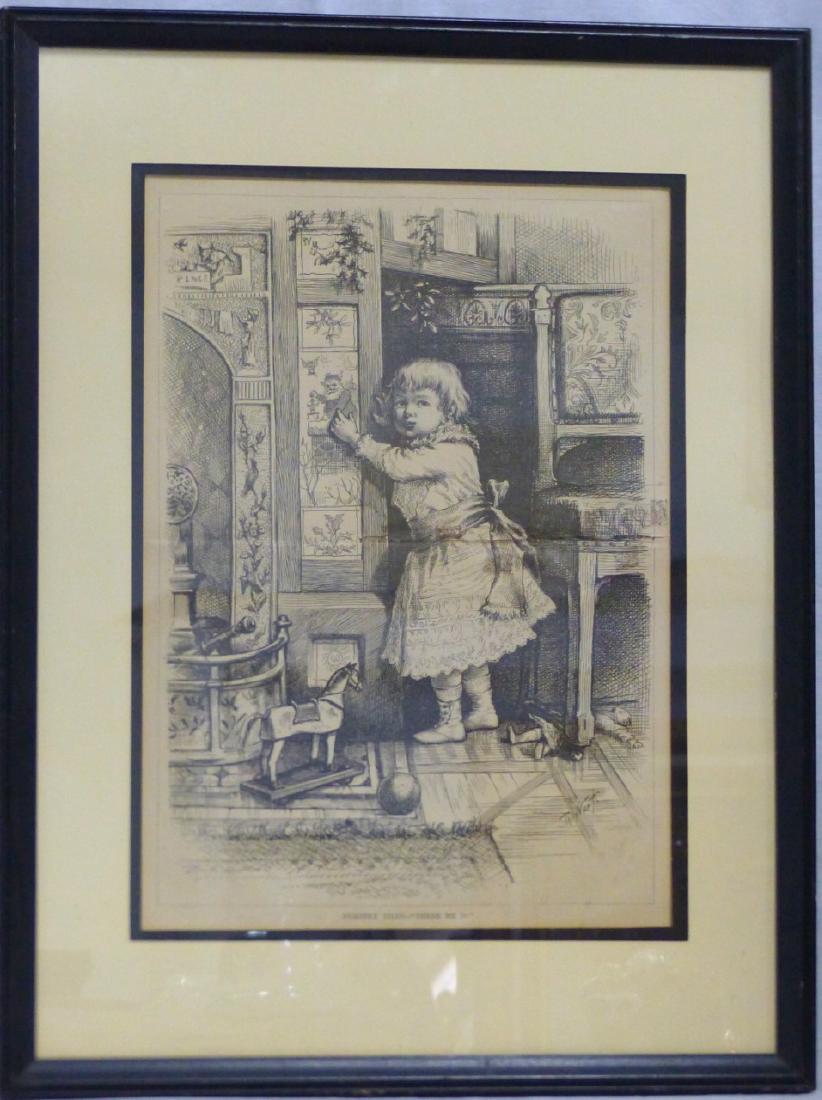 2pc THOMAS NAST ILLUSTRATIONS: 2 illustrations by Thomas Nast including 'Nursery Tiles - There He Is', girl waiting for Santa Claus and 'Cherries are Ripe'. Largest measures 14 1/2" (36.8cm) x 10 1/2" (26.5cm) + 3" (7.5cm) mat & fr