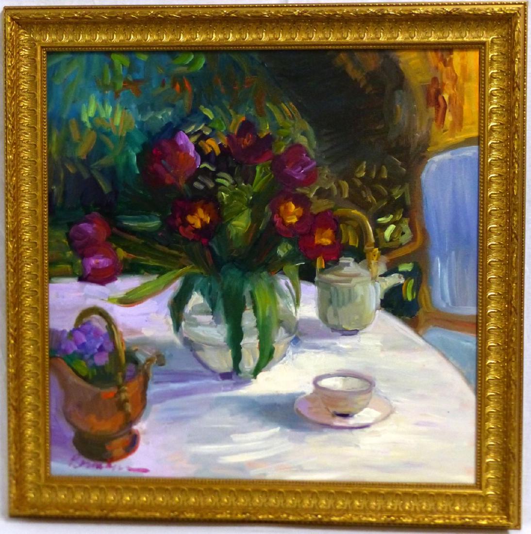 SALLY ROSENBAUM STILL LIFE OIL PAINTING ON CANVAS: Sally Rosenbaum (California) oil painting on canvas depicting a still life scene with flower, teapot and teacup on a table. Signed lower left. Measures 23 1/4" (59cm) square + 2 1/2" (6.3cm) frame.