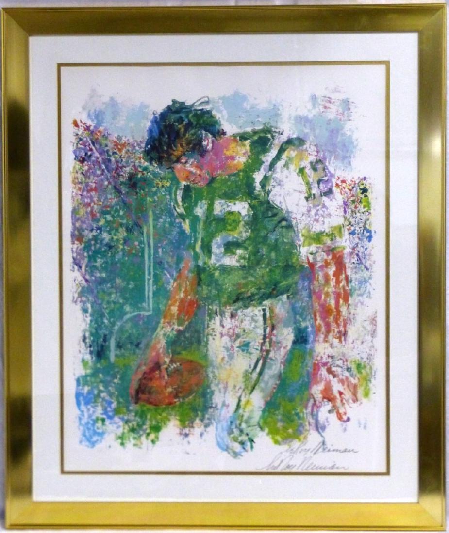LEROY NEIMAN 'JOE NAMATH' HAND SIGNED PRINT: Leory Neiman color print titled 'Joe Namath'. Signed in black ink lower right. Measures 29 3/4" (75.5cm) x 23 3/4" (60.5cm) + 4 1/4" (10.8cm) mat & frame.