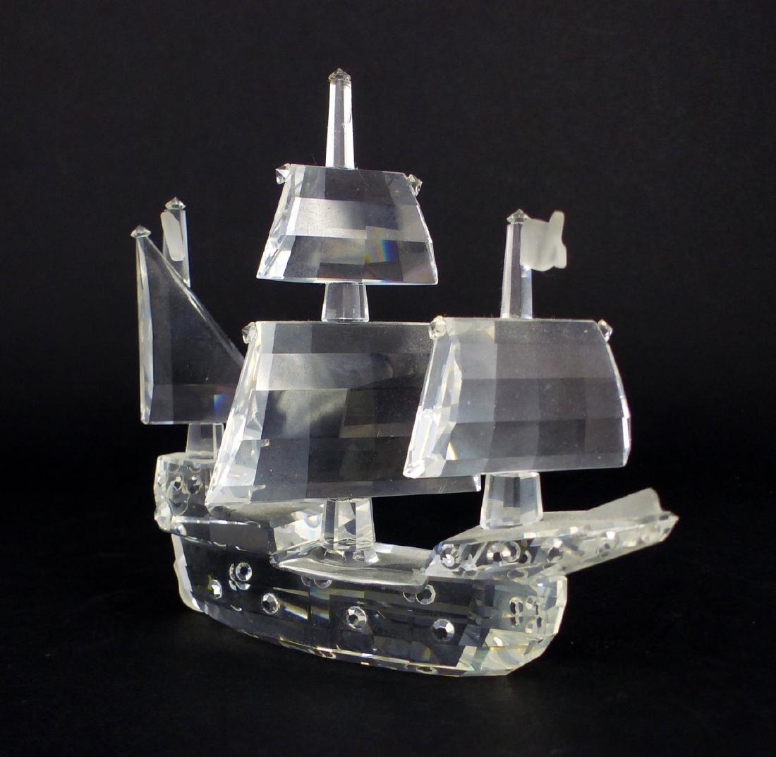 SWAROVSKI CRYSTAL SANTA MARIA BOAT: Swarovski crystal Santa Maria boat sculpture. Marked near rudder. Measures 3 1/2" (8.8cm) height & length.