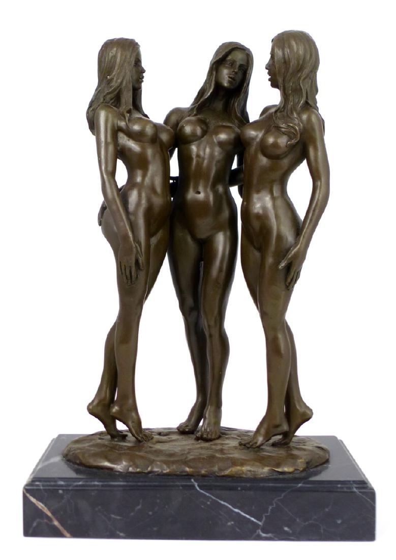 MAVCHI EROTIC BRONZE SCULPTURE OF NUDE WOMEN: Bronze sculpture depicting three nude women. Signed Mavchi to bronze base. Measures 10 1/2" height (26.5cm) + 1 1/4" (3cm) marble basse.