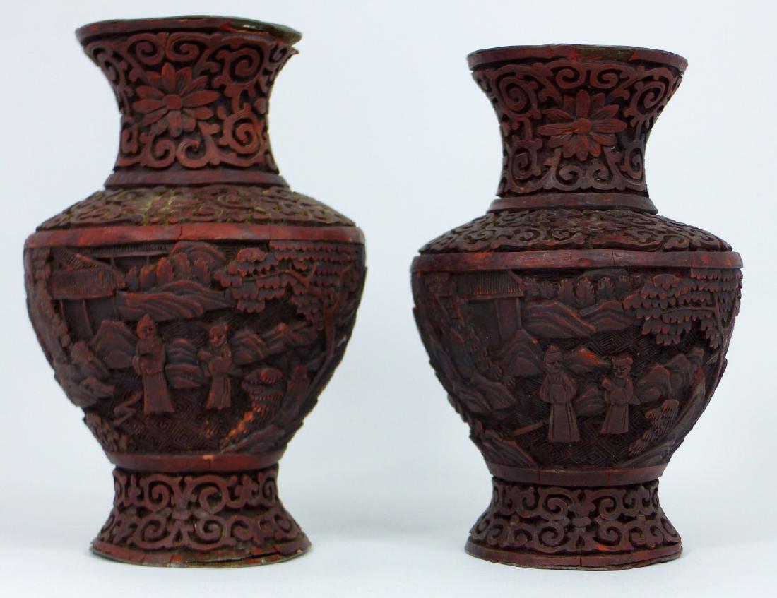 PR ANTIQUE CHINESE CINNABAR LACQUERED VASES (1 of 10)