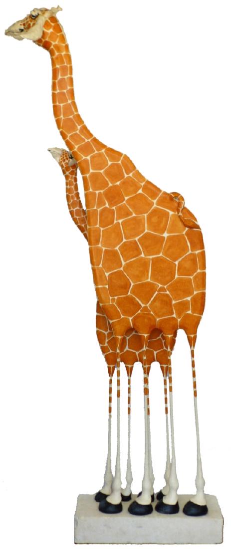 TODD WARNER GIRAFFE SCULPTURE: Todd J. Warner (American, b. 1945) painted wood, clay and steel sculpture depicting mother and baby giraffes. Mother giraffe signed and dated 1991. Baby giraffe signed and dated 1992. Includes certifi