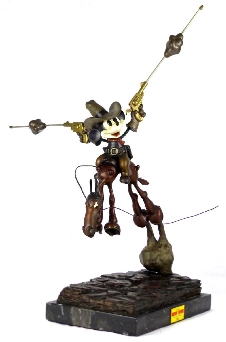 PAUL VOUGHT TWO-GUN MICKEY DISNEY BRONZE SCULPTURE: Paul Vought bronze sculpture depicting Mickey Mouse on horseback with revolvers, based on the 1934 cartoon 'Two-Gun Mickey'. Signed to bronze base, numbered A.P. 4/10 and inscribed Disney. Holds plaqu