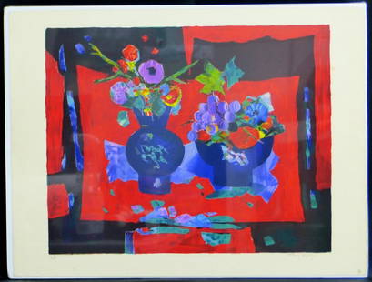 TONY AGOSTINI STILL LIFE LITHOGRAPH: Tony Agostini (French/Italian, 1916-1990) lithograph depicting a still life scene with flowers and fruit. Pencil signed lower right and inscribed EA lower left. Measures 25 1/2" (65cm) x 19 1/4" (48.8