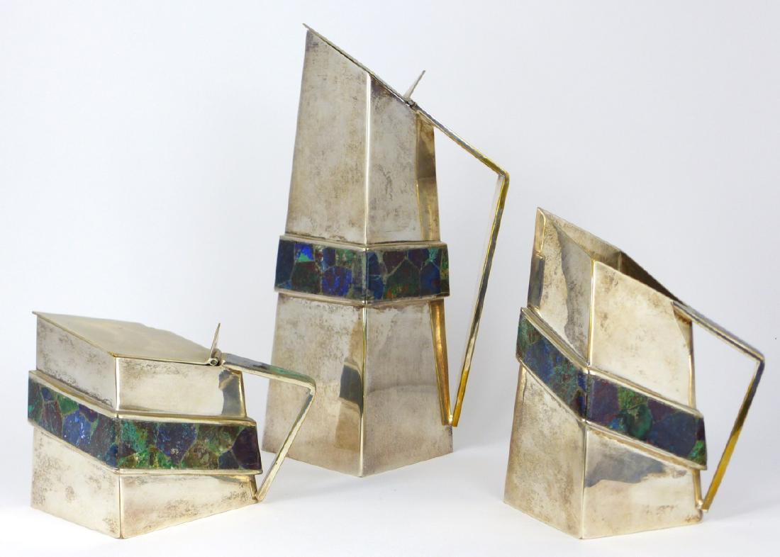 3pc LOS CASTILLO TAXCO SILVER & HARDSTONE TEA SET (1 of 10)