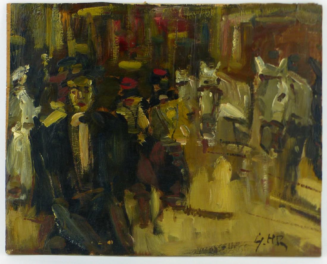 GEORGE HENDRIK BREITNER OIL PAINTING ON BOARD: George Hendrik Breitner (Dutch, 1857-1923) oil painting on wood panel depicting a street scene with figures and horses. Signed lower right. Measures 12" (30.5cm) x 9 5/8" (24.5cm).