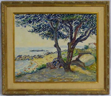 PIERRE PHILIPPE BERTRAND OIL PAINTING ON CANVAS: Pierre Philippe Bertrand (French, 1884-1975) oil painting on canvas depicting a coastal landscape. Titled 'Sur le Chemin Cotier'. Signed lower right. Measures 25" (63.5cm) x 21" (53.3m) + 4" (10cm)