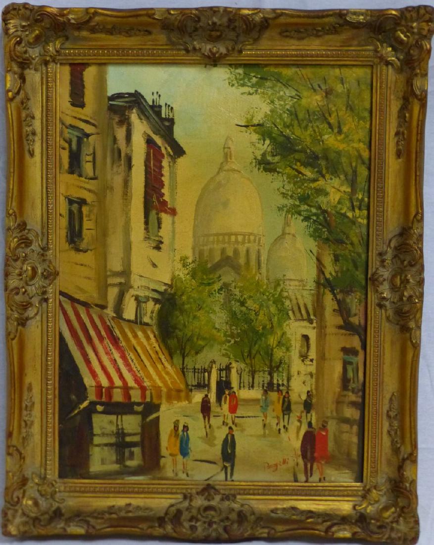 MARIA POGELLI STREET SCENE OIL PAINTING ON CANVAS: Maria Pogelli (Italian, b.1935) oil painting on canvas depicting a street scene. Signed lower right. Measures 15 1/2" (39.3cm) x 11 1/2" (29.2cm) + 2" (5cm) frame.