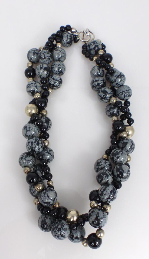 TIFFANY 3-STRAND STERLING, ONYX & OBSIDIAN TORSAD: Tiffany & Company sterling silver, onyx and snowflake obsidian beaded torsad choker necklace. Measures 18" (45.7cm) length.