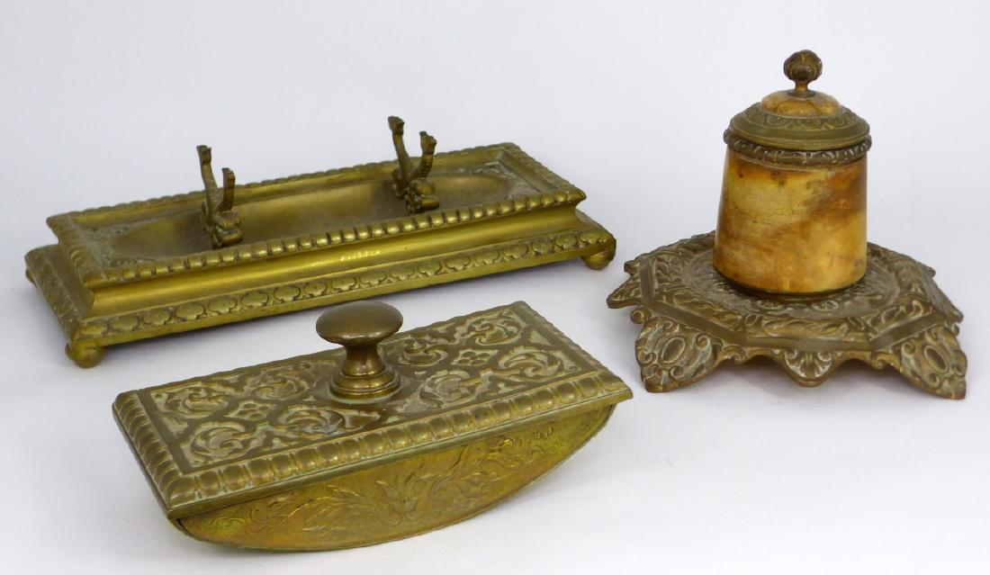 3pc BRASS DESK SET INKWELL, BLOTTER & HOLDER