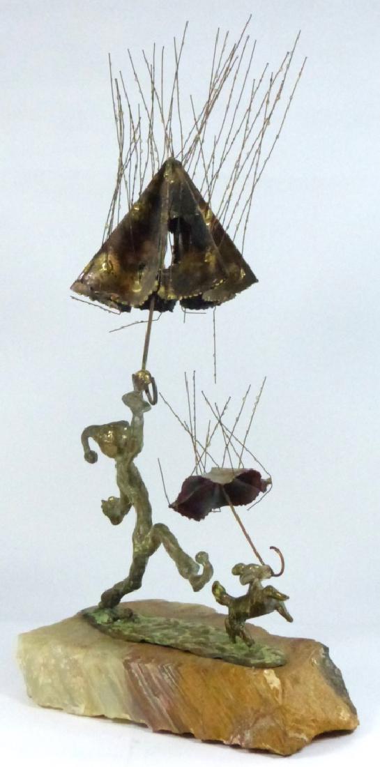 BRIAN BIJAN BRONZE & COPPER SCULPTURE JESTER w DOG: Brian Bijan mid-century modern bronze and copper sculpture depicting a jester and dog each holding an umbrella under the rain. Mounted on stone base. Signed and numbered 134/500. Measures 20 1/2" (52c