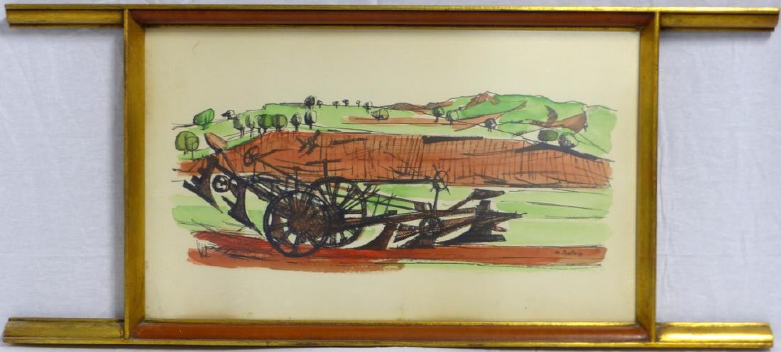 MICHEL BEPOIX WATERCOLOR ON PAPER: Michel Bepoix (French, b. 1937) watercolor on paper depicting a landscape with old farm machinery. Signed lower right. Measures 19" (48cm) x 11 1/4" (28.5cm). Overall dimensions 29 1/2" (75cm) x 13" (