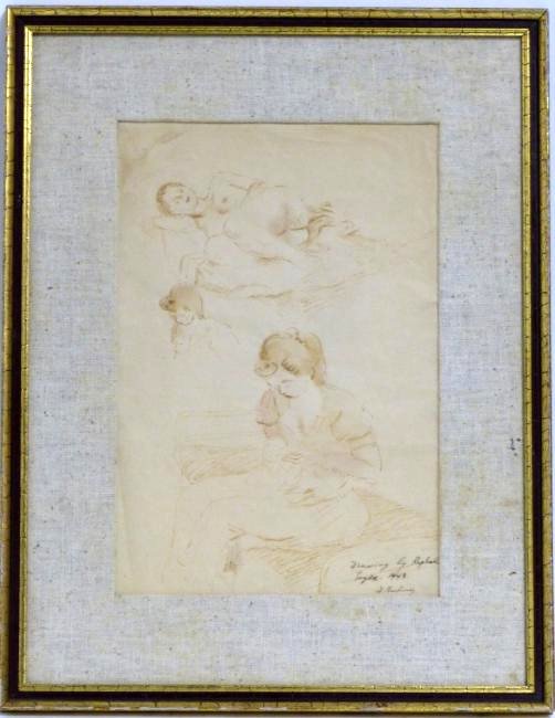 RAPHAEL SOYER NUDE STUDY ON PAPER: Raphael Soyer nude ink and wash on paper nude study. Signed lower right and dated 1943. Measures 13" (33cm) x 8 3/4" (22.5cm)