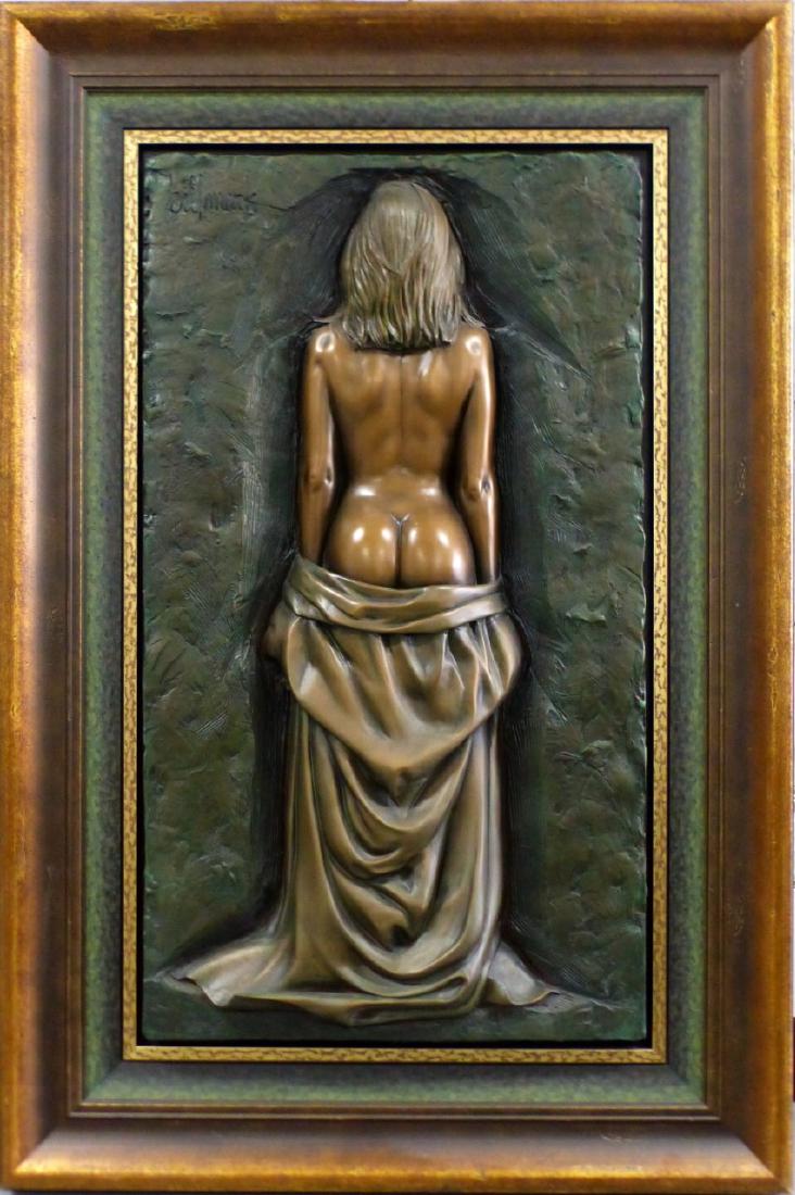 BILL MACK 'BRILLIANCE' NUDE FEMALE SCULPTURE: Bill Mack, (American, b. 1949) bonded bronze sculpture depicting a nude female with lowered robe. Signed upper left. Measures 43" (109cm) x 24 1/4" (61.5cm) + 7 1/4" (18.5cm) frame.