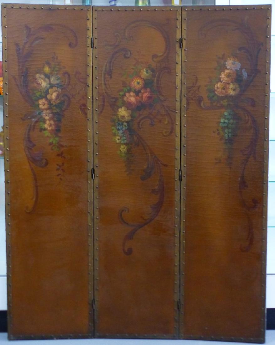 ANTIQUE HAND PAINTED 3-PANEL FLORAL FLOOR SCREEN (1 of 10)
