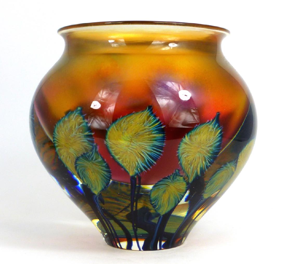 DAVID LOTTON STUDIO ART GLASS VASE: David Lotton double cased glass with floral decoration. Signed to underside and holds original label. Measures 6 1/2" (16.5cm) height and diameter.