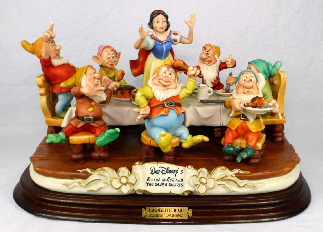 CAPODIMONTE SNOW WHITE & THE SEVEN DWARFS: Laurenz Capodimonte porcelain figurine depicting Walt Disney's Snow White and the Seven Dwarfs having dinner. Grumpy and Bashful argue, Happy and Sneezy ponder, Sleepy tries hard to keep from falling