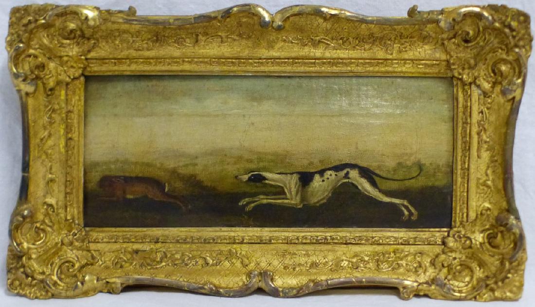 FRANCIS BARLOW 'HUNTING THE HARE' OIL ON CANVAS: Oil painting on canvas depicting a hunt scene with greyhound in pursuit of a hare attributed to Francis Barlow (British, 1626-1704). Measures 11 5/8" (29.5cm) x 4 3/4" (12cm) + 2 1/8" (5.5cm) frame.