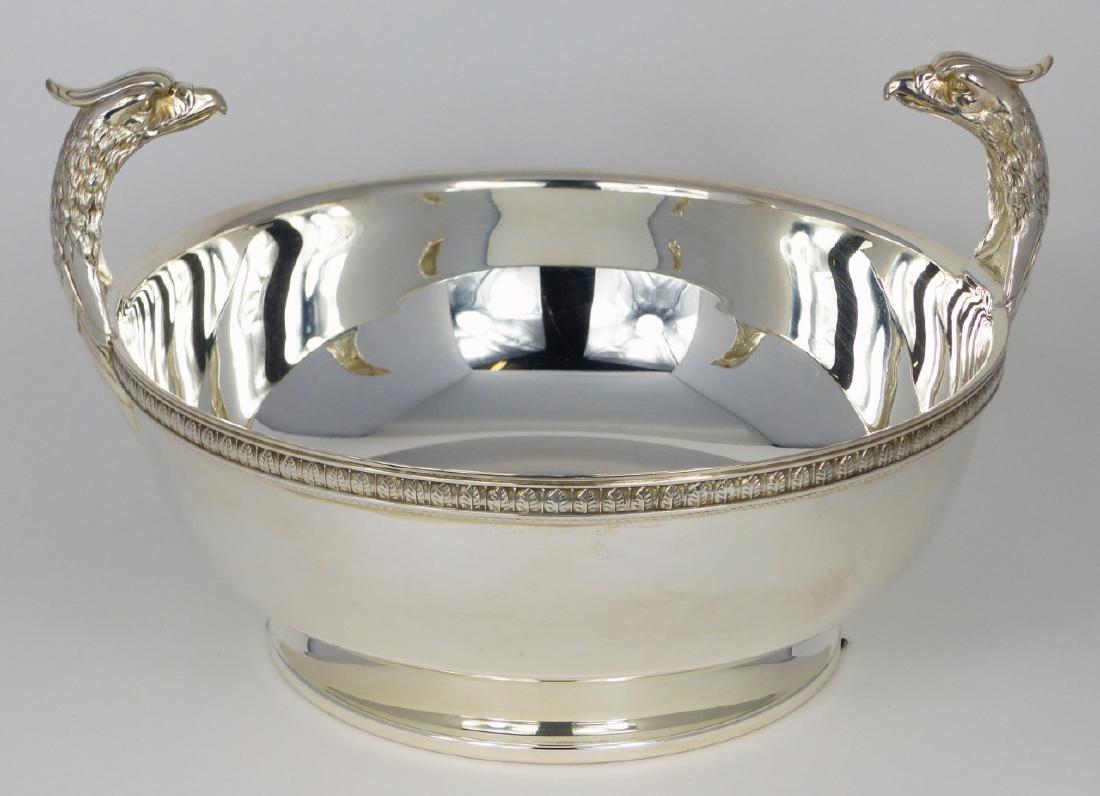 CHRISTOFLE SILVER PLATED 'MALMAISON' CENTERPIECE: Christofle silverplated centerpiece bowl with eagle handles in the Malmaison pattern. Marked to underside. Measures 9 3/4" (25cm) width.