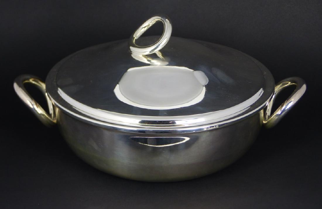 CHRISTOFLE SILVER PLATED 'VERTIGO' COVERED DISH: Christofle silverplated vegetable or casserole dish with lid in the Vertigo pattern. Marked to underside. Measures 11 5/8" (29.5cm) width.