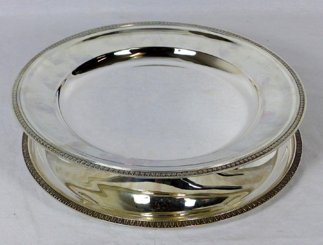 2pc CHRISTOFLE SILVER PLATED PLATTER & STAND: Christofle silverplated round serving platter and stand in the Malmaison pattern. Each piece marked and measures 13 3/4" (35cm) diameter.