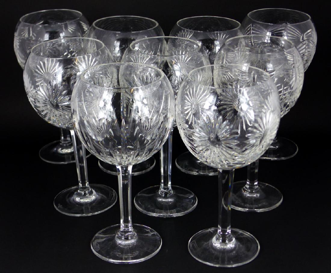 9pc WATERFORD MILLENNIUM SERIES TOASTING GLASSES: 9 Waterford Millennium Series crystal toasting / wine glasses including love (2), prosperity (2), peace (2), health (2) and happiness. Each marked to underside and measures 8" (20.3cm) height.