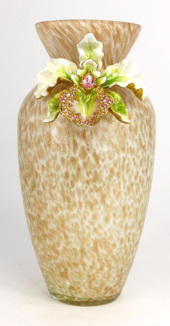 JAY STRONGWATER ORCHID VASE w BOX: Jay Strongwater glass vase with enameled orchid to neck having Swarovski crystals. Signed to backside and measures 8" (20.3cm) height. Includes original box.