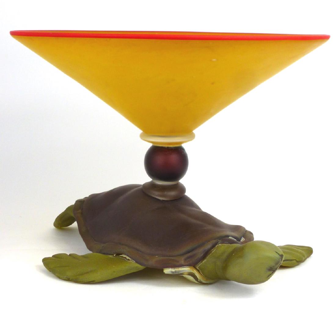 NICHOLAS KEKIC STUDIO ART GLASS TURTLE COMPOTE: Nicholas Kekic, Tsuga Studios, art glass bowl raised atop the back of a turtle. Signed to underside. Measures 10" (25.5cm) length x 7" (17.8cm) height.