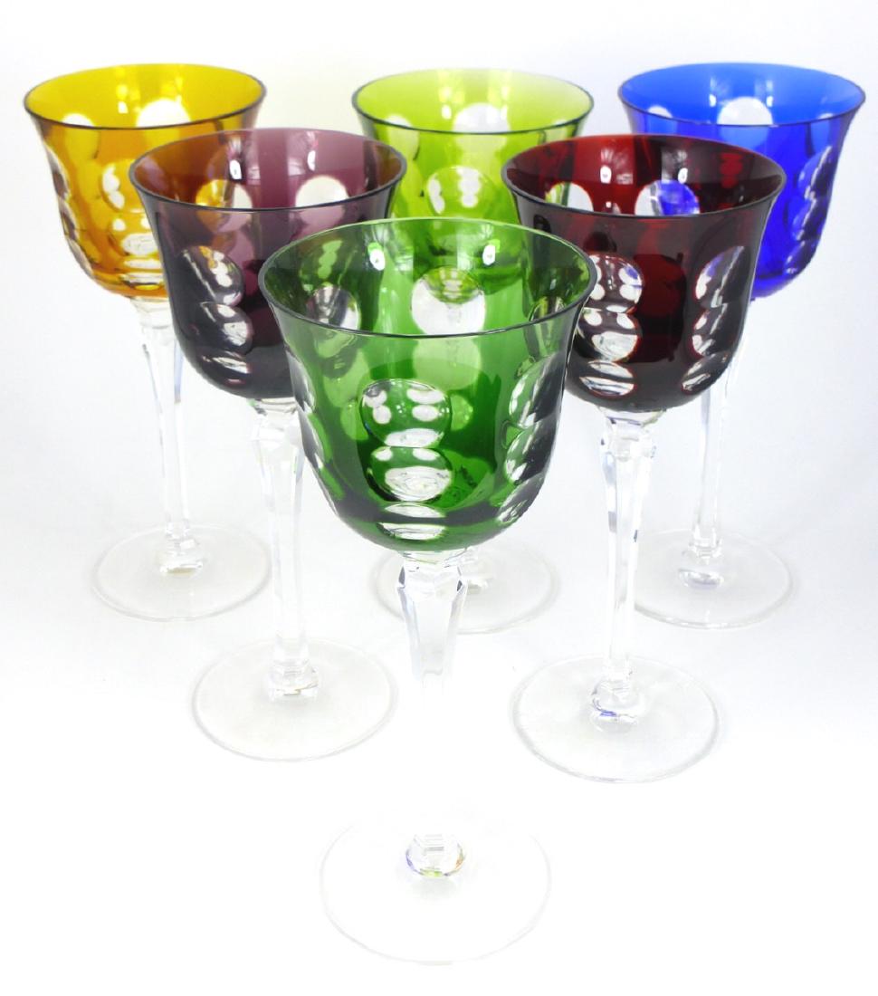 6pc CHRISTOFLE 'KAWALI' CRYSTAL WINE GLASSES: 6 Christofle crystal wine goblets of various colors in the 'Kawali' pattern. Each marked to underside and measures 8 1/4" (21cm) height.