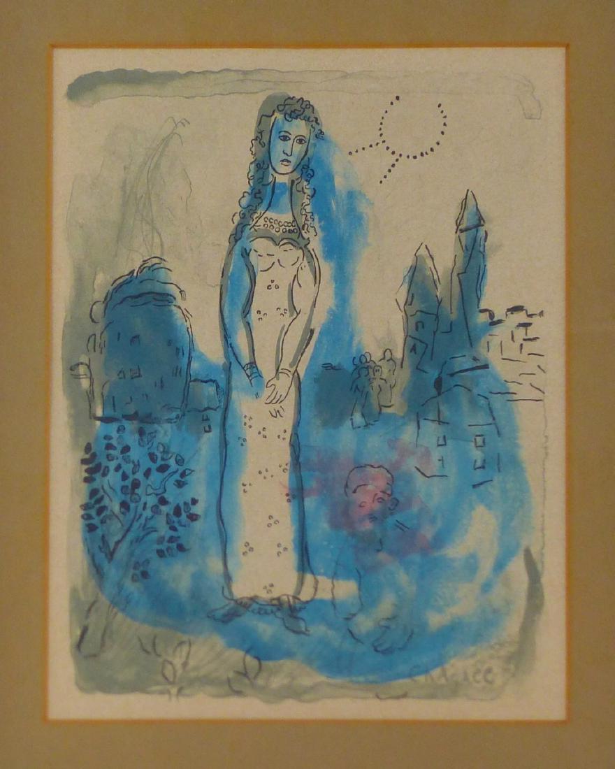 MARC CHAGALL PRINT: Marc Chagall print depicting a woman standing in front of a town. Signed in the plate lower right. Measures 10 1/2" (26.5cm) x 8" (20.3cm) + 2 1/2" (6.3cm) mat & frame.