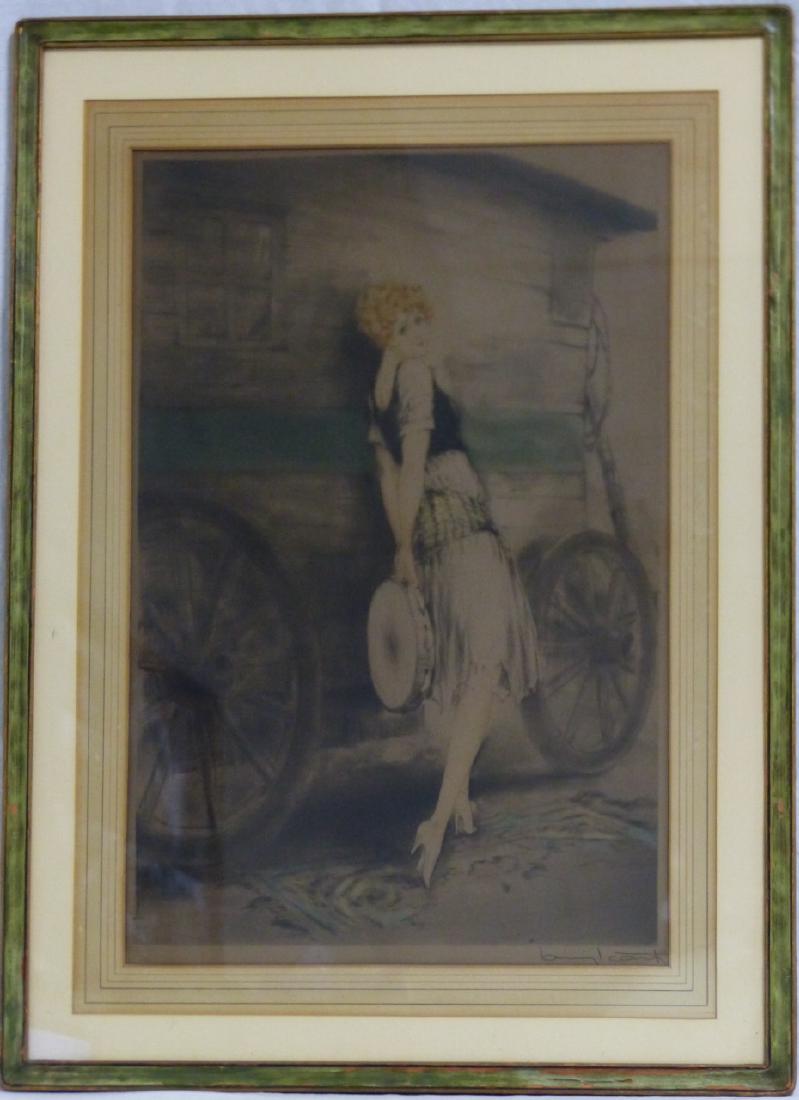 LOUIS ICART 'TAMBOURINE GIRL' ETCHING: Louis Icart (1888-1950) etching with aquatint. Depicts a lady holding a tambourine with carriage in background. Pencil signed lower right, numbered S 39 (?) and holds blindstamp lower left. Measures 2