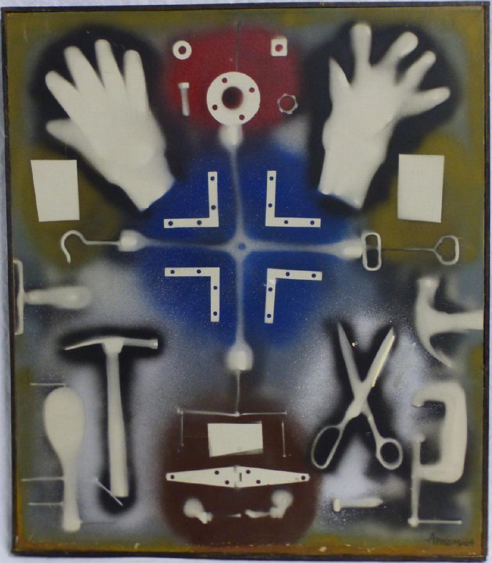IRVING AMEN STENCIL PAINTING ON CANVAS: Irving Amen (American, 1918-2011) stenciled acrylic painting on canvas depicting various tools including scissors, hammers, hinge, nuts, bolt and gloves. This painting is an example of Amen's alternat