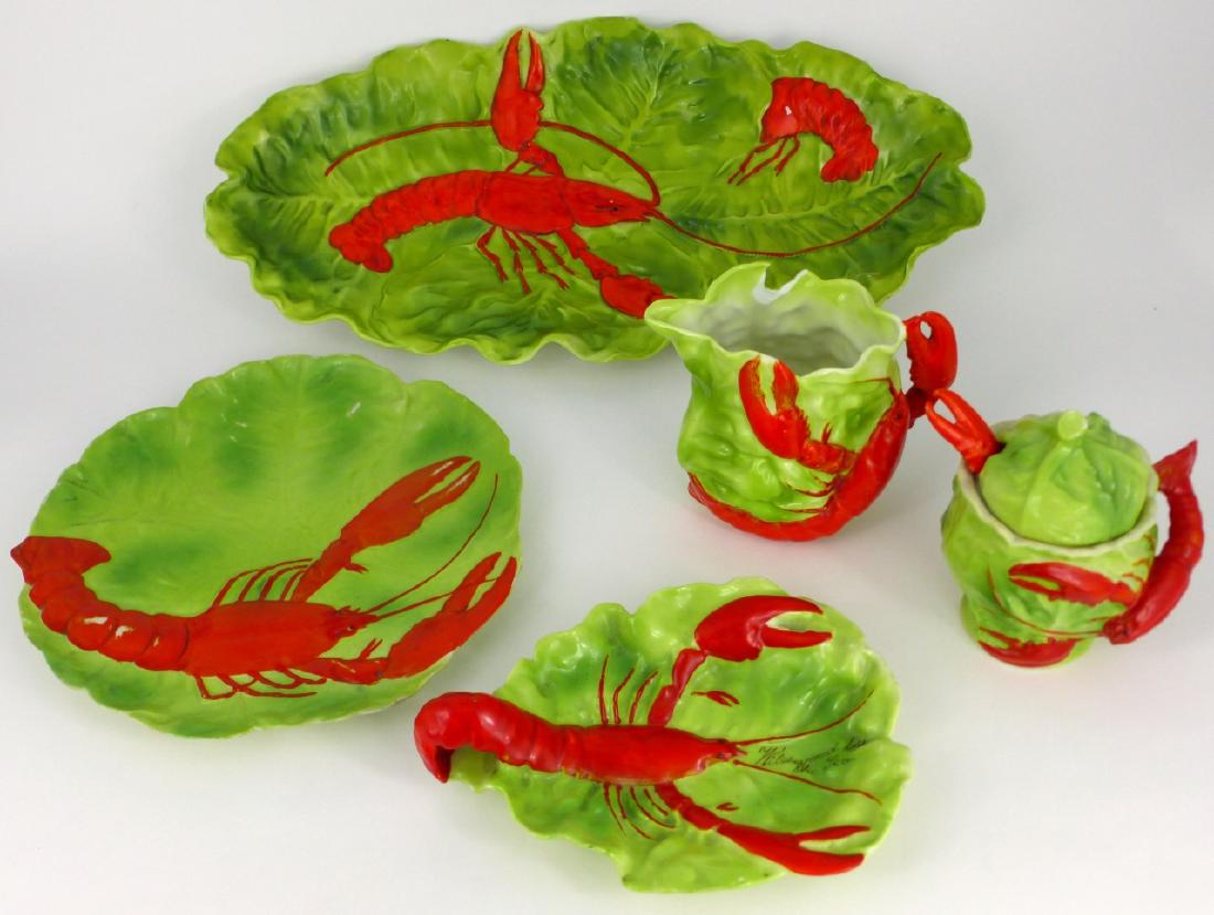 5pc ROYAL BAYREUTH LOBSTER WARE: 5 pieces of Royal Bayreuth lobster and cabbage table objects. Includes serving tray, plate, handled dish, creamer and covered sugar or condiment with spoon. Unmarked. Tray measures 12 3/4" (32.5cm) le