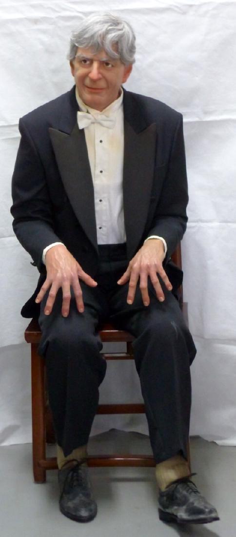 GARY MIRABELLE 'LEONARD BERNSTEIN' LIFE SIZE: Gary Mirabelle (American, 20th C) mixed media and resin casting life-size sculpture of famous American composer Leonard Bernstein. Life-size figure is seated with hands extended as if playing a piano.
