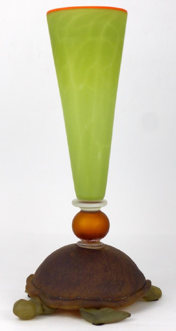 NICHOLAS KEKIC STUDIO ART GLASS TURTLE VASE: Nicholas Kekic, Tsuga Studios, art glass vase raised atop the back of a turtle. Signed to underside. Measures 13 1/4" (33.5cm) height.