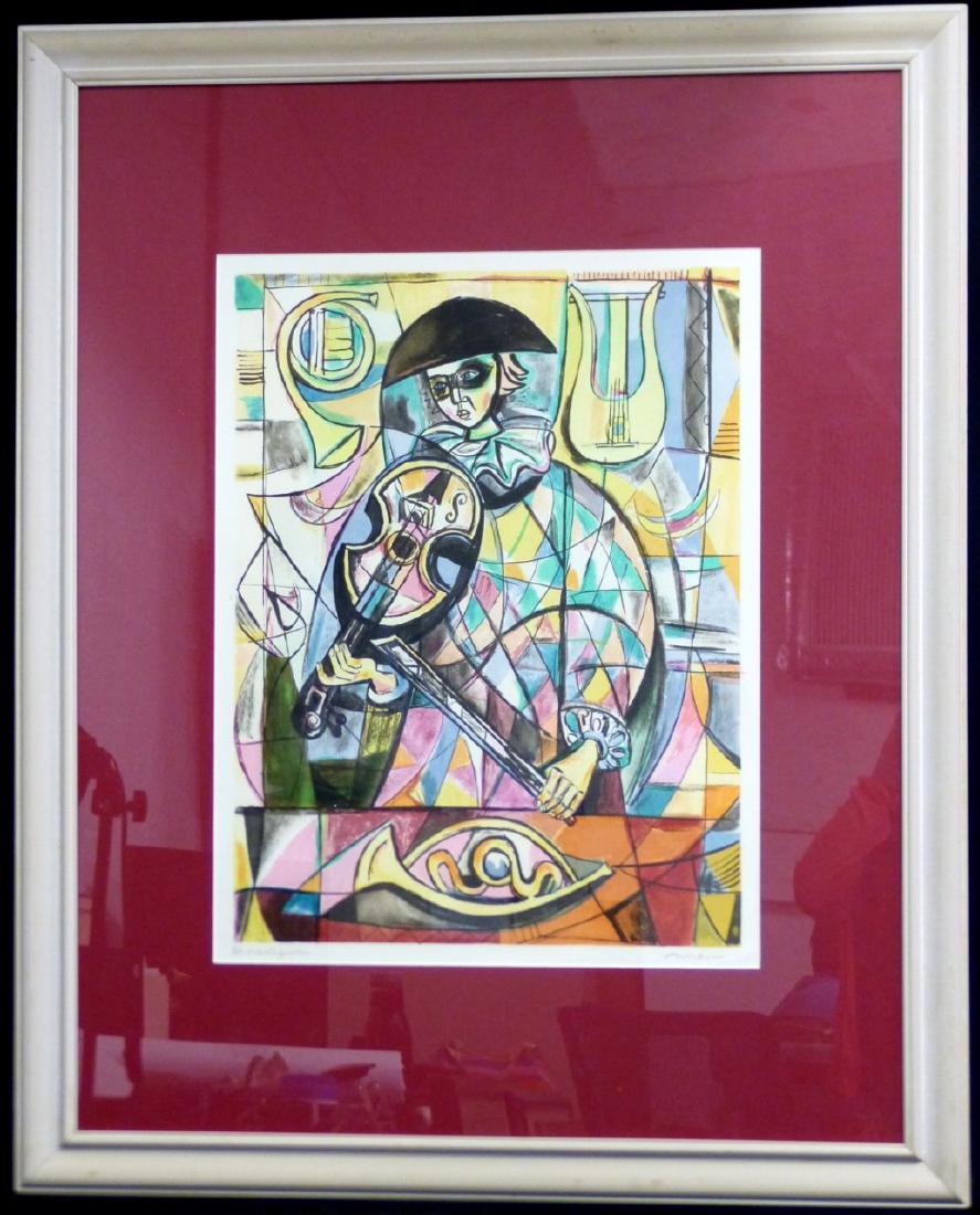 IRVING AMEN 'HARLEQUIN' LITHOGRAPH: Irving Amen (American, 1918-2011) lithograph depicting a jester with violin. Pencil signed lower right, titled and numbered 90/200 lower left. Measures 25 1/4" (64cm) x 19 1/4" (49cm) + 7 1/4" (18.5cm