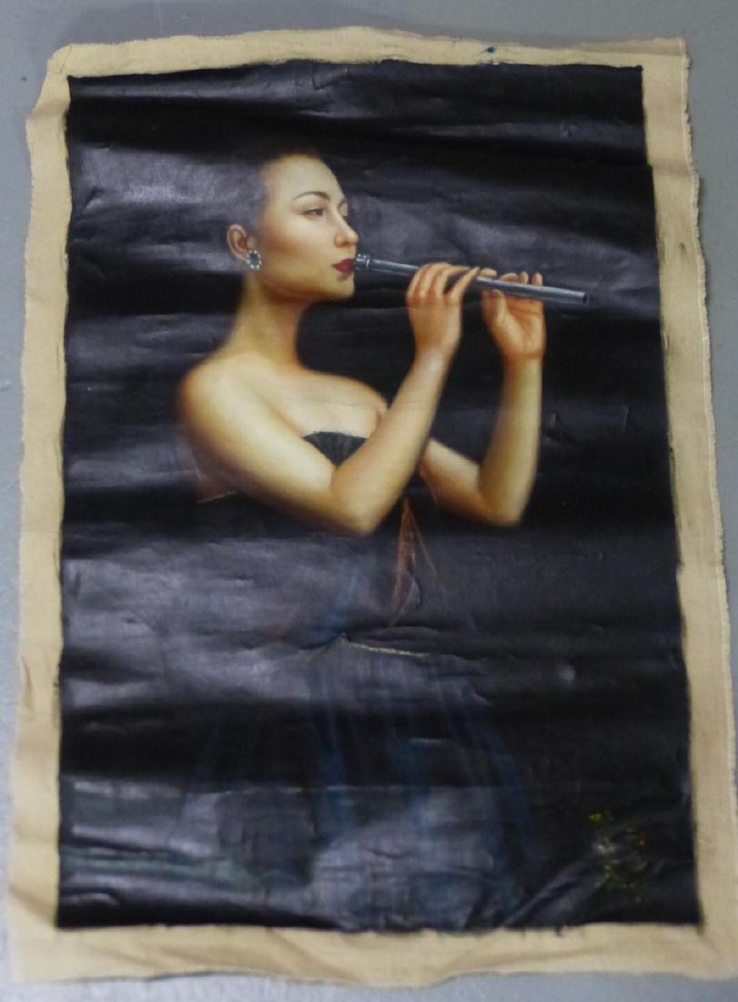 CLARINETIST OIL PAINTING / CANVAS AFTER YIFEI CHEN: Oil painting on canvas depicting a clarinet player after Yifei Chen (Chinese, 1946-2005). Signed lower right. Measures 40" (101.5cm) x 27" (68.5cm).