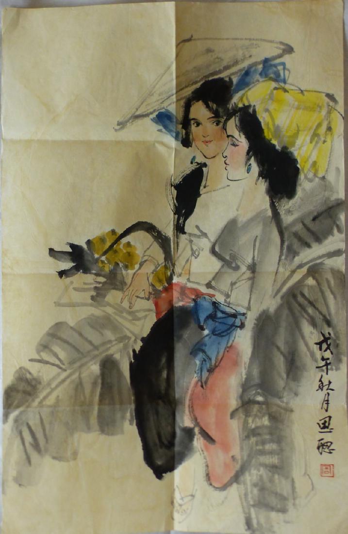 SICONG ZHOU CHINESE WATERCOLOR & INK ON PAPER: Watercolor and ink on paper depicting two young ladies attributed to Sicong Zhou. Signed and holds calligraphy lower right. Measures 27 1/2" (70cm) x 18" (45.5cm).
