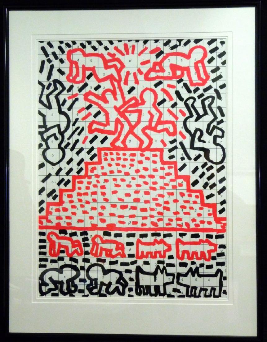 KEITH HARING OFFSET LITHOGRAPH 1981: Keith Haring offset lithograph. Signed in the plate and dated 1981 lower right. Measures 29 1/2" (74.8cm) x 21 1/2" (54.5cm) + 4" (10cm) mat & frame.