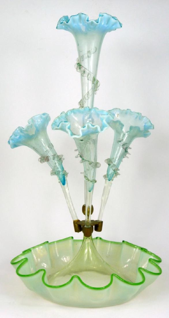 ANTIQUE ENGLISH GLASS EPERGNE: Antique English glass epergne having 3 trumpets surrounding large central trumpet mounted over a center bowl. Measures 18" (45.5cm) height. Bowl measures approx 10 1/4" (26cm) diameter.