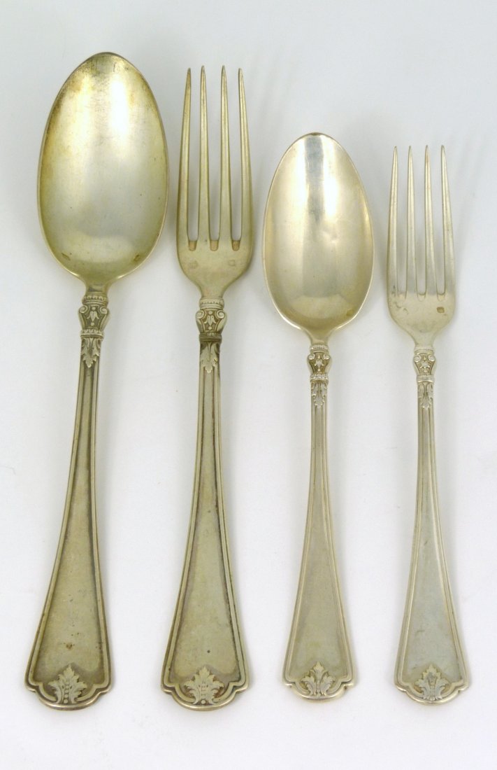 84pc ALPHONSE DEBAIN STERLING SILVER FLATWARE: 84 pieces of late 19th Century French sterling silver flatware by Alphonse Debain. Includes 30 dinner forks-8 3/8", 17 luncheon / dessert forks-7 1/8", 17 teaspoons-7 1/4", 18 tablespoons-8 1/2", 1 se