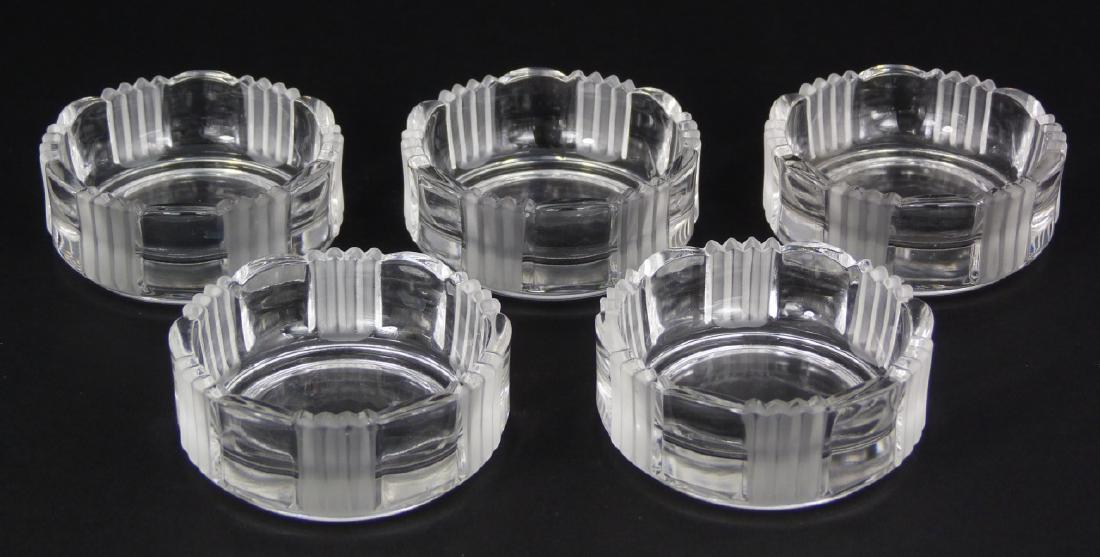 5pc ART DECO FROSTED CRYSTAL ASHTRAYS: Set of five Art Deco frosted glass ashtrays. Each measures 2 1/2" (6.3cm) diameter.