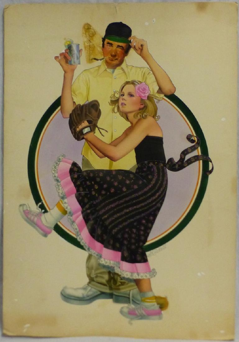 S. KNETTELL 'BAD NEWS BEARS' MIXED MEDIA PAINTING: S. Knettell (American, 20th century) mixed media painting on board with 3-D collage depicting Walter Matthau and Tatum O'Neal from the Bad News Bears. Measures 36" (91.5cm) x 25" (63.5cm)