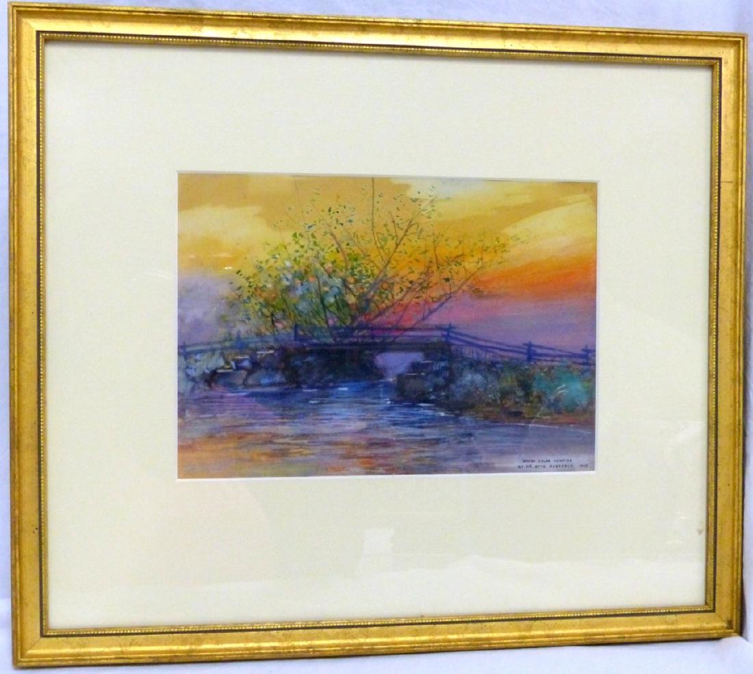 OTTO RUETENIK WATERCOLOR SUNSET BRIDGE SCENE 1916: Otto Ruetenik (American) watercolor on paper depicting a bridge scene at sunset. Signed lower right and dated 1916. Measures 9 1/2" x 6 3/4" + 3 1/2" mat & frame.