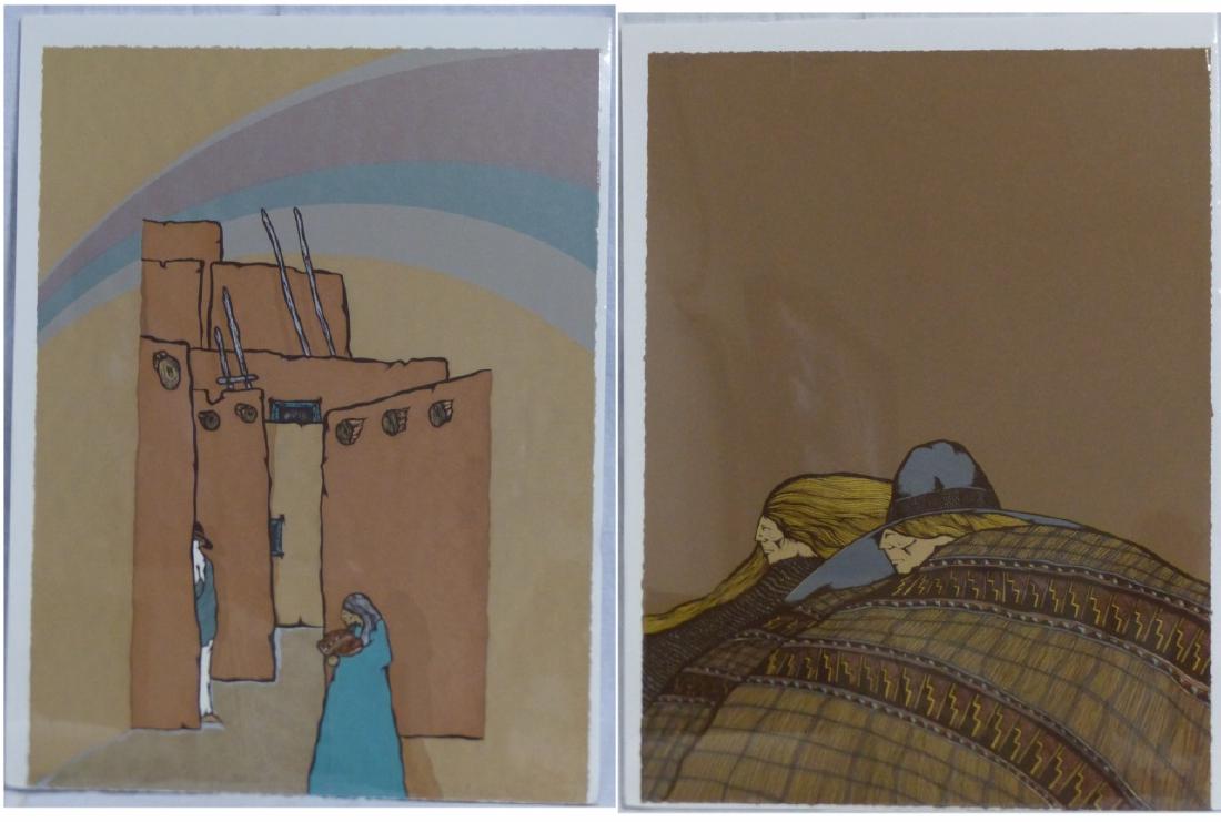2pc AMADO PENA NATIVE AMERICAN SERIGRAPHS: Amado Maurillo Pena (Native American, b. 1943) group of lithographs titled 'Los Gueros' and 'Colores del Pueblo'. Each pencil signed, numbered, titled and dated. Each measures 24" (61cm) x 18" (45.7cm
