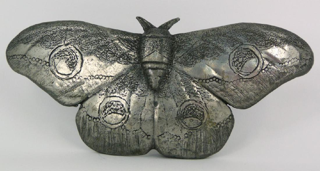 VINTAGE PEWTER BUTTERFLY BELT BUCKLE SIGNED: Vintage Pewter belt buckle in the form of a butterfly. Signed Miram and numbered 12. Measures 5" (12.7cm) width.