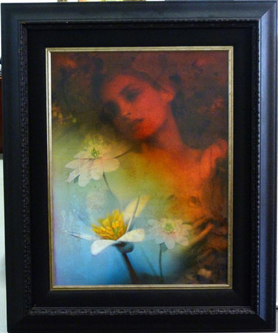 YANKEL GINZBURG ACRYLIC PAINTING ON BOARD: Yankel (Jacob) Ginzburg (Russian/Israeli/American, b. 1945) acrylic painting on board depicting a young woman with flowers. Signed lower left. Measures 39 1/2" (100cm) x 29 3/4" (75.5cm) + 8" (20.3cm)