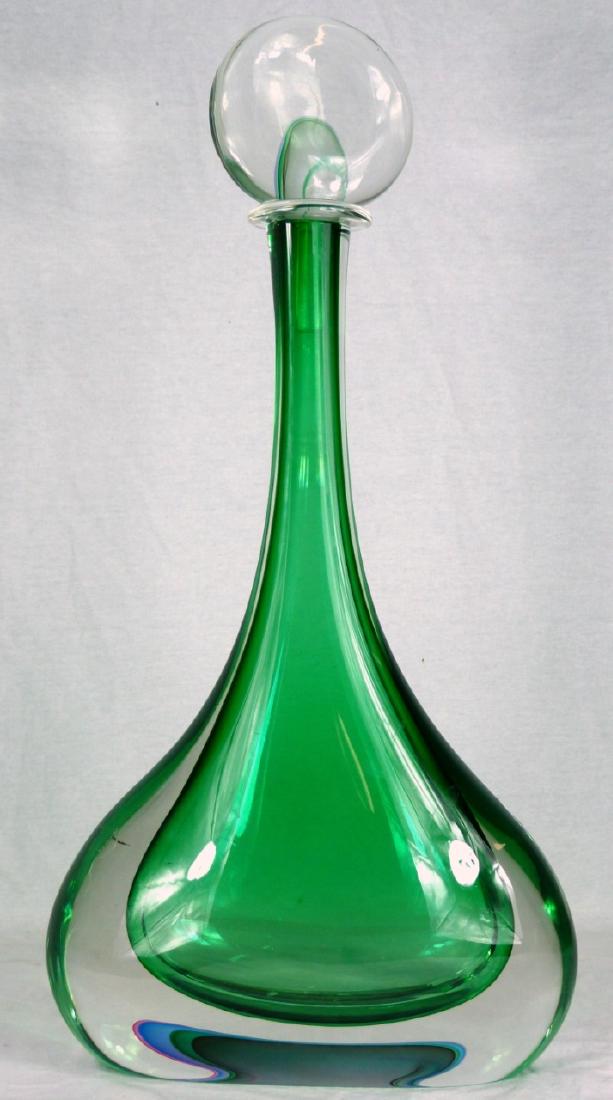LUIGI MELLARA MURANO SOMMERSO GLASS PERFUME: Luigi Mellara Murano art glass perfume bottle with green Sommerso design. Signed to underside. Measures 23 1/4" (59cm) height.